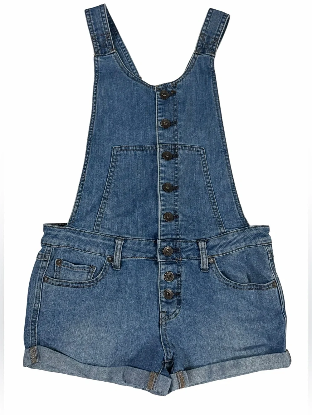 Free People Size 26 Denim Overall Shorts Open Back Button Front Boho Festival